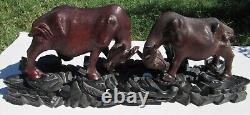 Pair Antique Chinese Carved Wood Water Buffalo Sculptures Glass Eyes With Stand