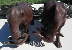 Pair Antique Chinese Carved Wood Water Buffalo Sculptures Glass Eyes With Stand