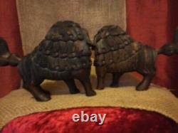 Pair Antique Chinese Hand Carved Wood Temple Foo Dog Lion Statues