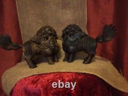 Pair Antique Chinese Hand Carved Wood Temple Foo Dog Lion Statues