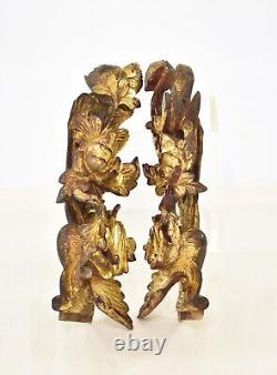 Pair Antique Chinese Red & Gilded Wooden Carving of Phoenix & Flower, 19th c