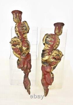 Pair Antique Chinese Red & Gilt Wood Carved Statue of Fu Foo Dog / Lion, 19th c
