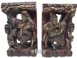 Pair Antique Chinese Red & Gilt Wood Carved immortals Opium Bed Pieces(6)