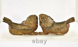 Pair Antique Chinese Red Yellow Wood Carved Statue Animal Foo Dog / Lion