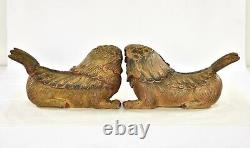 Pair Antique Chinese Red Yellow Wood Carved Statue Animal Foo Dog / Lion