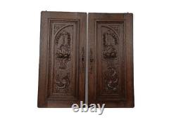Pair Antique French hand Carved Wood Oak Door Panels Reclaimed Architectural Flo