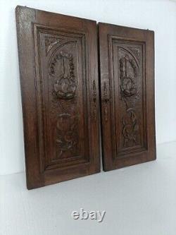 Pair Antique French hand Carved Wood Oak Door Panels Reclaimed Architectural Flo