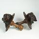Pair Antique Victorian Black Forest Carved Wood Dog Head Curtain Holdbacks