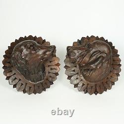 Pair Antique Victorian Black Forest Carved Wood Dog Head Curtain Holdbacks