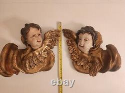 Pair Antique Winged Angel Heads on Cloudbench, Wood, Colored, Carved