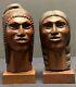 Pair Bolivian Indian Carved Wood Busts Signed Mid Century