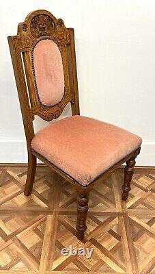 Pair Carved Victorian Arts & Crafts Oak Hall Side Chairs Pink Blush Upholstery