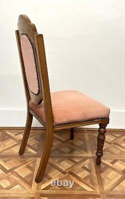 Pair Carved Victorian Arts & Crafts Oak Hall Side Chairs Pink Blush Upholstery