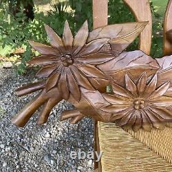 Pair Carved Wood Wall Decor Panel Flora Rose Art Wall Hanging Thai Vtg Asian