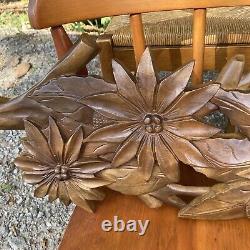 Pair Carved Wood Wall Decor Panel Flora Rose Art Wall Hanging Thai Vtg Asian