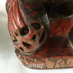 Pair Chinese Foo Dog Lion Wooden Carving Figurine Statute Red Gold Antique Crack