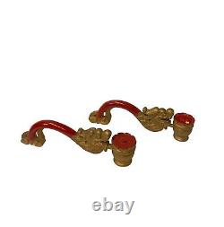 Pair Chinese Wood Carved Golden Red Dragon Head Display Art ws2575
