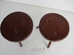 Pair Couple Hand Carved wood Tripod Milking Stool Pedestal Table Plant Flower