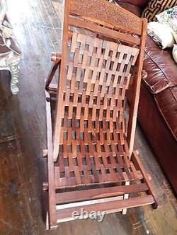 Pair Garden Deck Chairs Hand Made Solid Wood Carved Patio Folding Adjustable