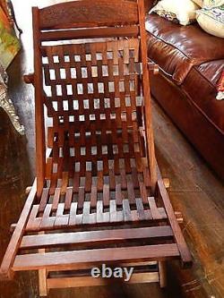 Pair Garden Deck Chairs Hand Made Solid Wood Carved Patio Folding Adjustable