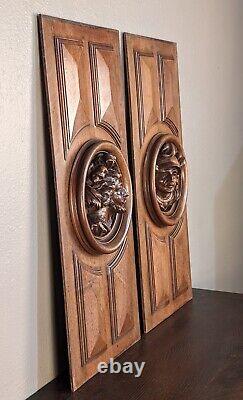 Pair Hand Carved French Antique Walnut Wood Panels/Doors with Jesters/Knights