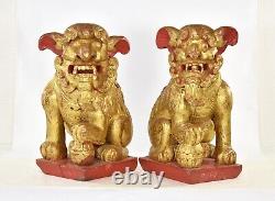 Pair Large Antique Chinese Red Gilt Wood Carved Statue Sculpture Fu Foo Dog Lion