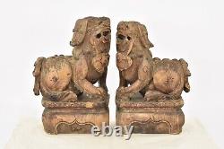 Pair Large Antique Chinese Wood Carved Statue Sculpture Fu Foo Dog Lion, 19th c