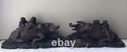 Pair Of Antique Chinese Carved Wooden Water Buffalo Figurines With Bases