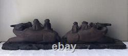 Pair Of Antique Chinese Carved Wooden Water Buffalo Figurines With Bases