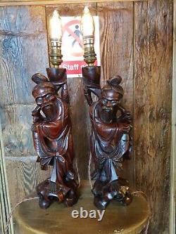 Pair Of Antique Wooden Chinese Fishman Figurine Table Lamp Hand Carved Unique