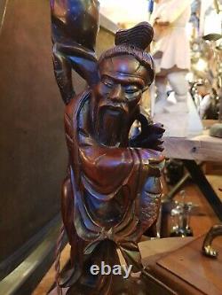 Pair Of Antique Wooden Chinese Fishman Figurine Table Lamp Hand Carved Unique