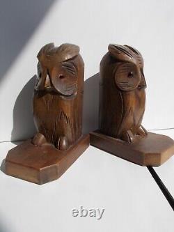 Pair Of Art Deco Hand Carved Wooden Owl Bookends