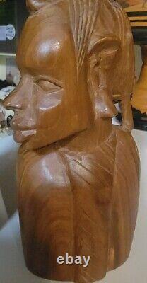 Pair Of Carved Wood Carvings African Man Woman Head Bust Tribal Folk Art