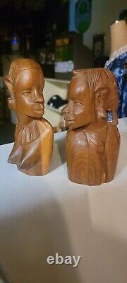 Pair Of Carved Wood Carvings African Man Woman Head Bust Tribal Folk Art