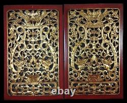 Pair Of Chinese Wood Plates. Carved, Polychromed And Gilded. Chin. XIX Century