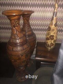 Pair Of Hand Carved Wooden Floor Vases