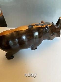 Pair Of Kenyan Wood Carved Teak Rhinos