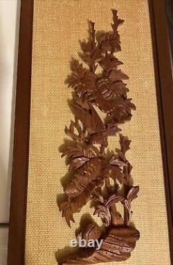 Pair Of MCM 1960s Carved Wood Wall Art Framed Floral Birds 3D