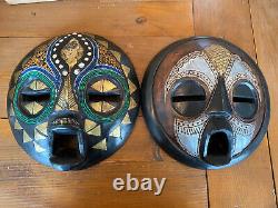 Pair Of Round African Wood Carved Masks With Brass, Beads And Shells