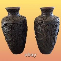Pair Of Vintage Chinese Dragon Carved 9 Wood/ Cinnabar Vases