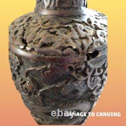 Pair Of Vintage Chinese Dragon Carved 9 Wood/ Cinnabar Vases