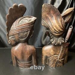 Pair Of Woman And Man Klungkung Bali Hard Wood Carved Sculptered Bust