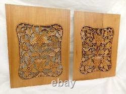 Pair Ornate Carved Vintage Wood Panels Flowers Leaves MID Century Architectural