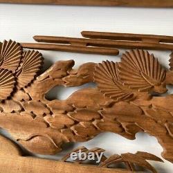 Pair Ranma Japanese wood carving Vintage Transom Crane & Pain tree Vintage