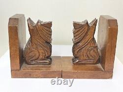 Pair Scottish Terrier Dogs Carved Black Forest Style Wood Sculptures Bookends