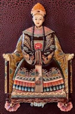 Pair Vintage Chinese Ancestor Inlaid Hand Carved Hardstone Wood Panels Plaques