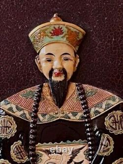 Pair Vintage Chinese Ancestor Inlaid Hand Carved Hardstone Wood Panels Plaques