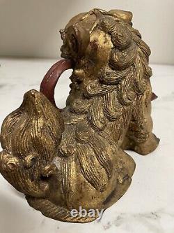 Pair Vintage Chinese Red & Gilt Wood Carved Statue Fu Foo Dog Temple Lions