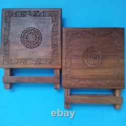 Pair Vintage Folding Carved Wood Tables
