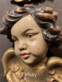 Pair Vintage Hand Carved Wood Cherub Angel Heads Wall Ornament Wooden 3/3